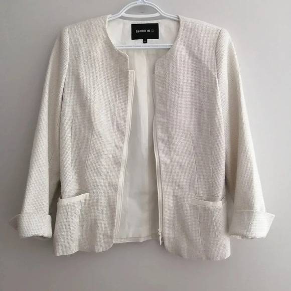 Lafayette 148 New York White Tweed Collarless Zip Up Blazer Size 4 - Picture 5 of 16